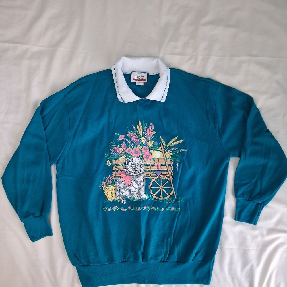 Vtg 90s Floral Cats Grandma Collared Sweatshirt Large L Womens Teal Bow Detail - Picture 11 of 14